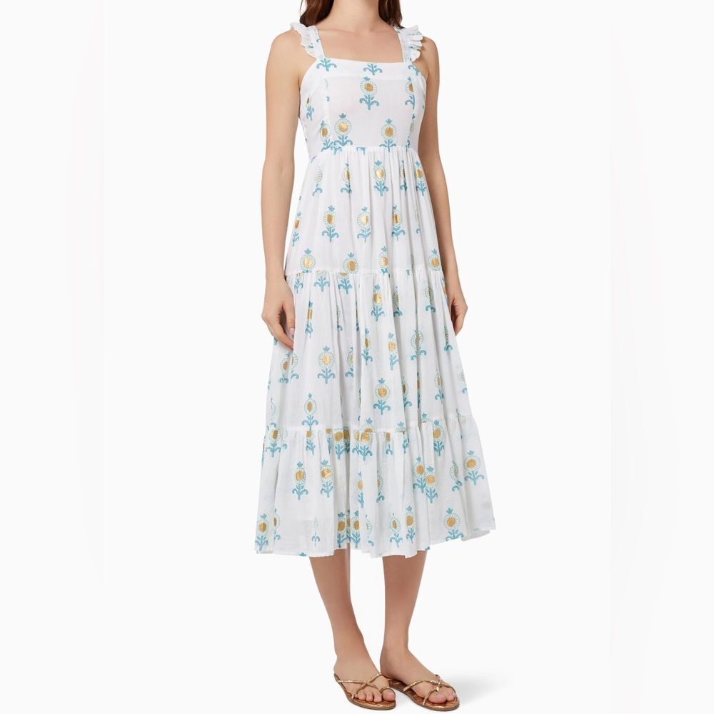Oliphant Leela White Blue Ruffle Cross Back Sleeveless Midi Dress. NEW. Small.